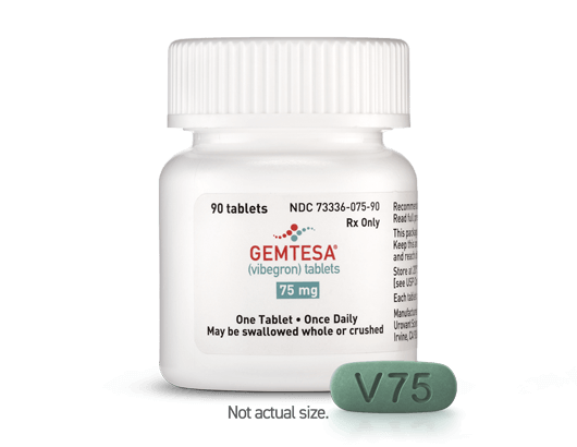 GEMTESA® pill bottle. Request samples of GEMTESA® if you're interested in prescribing the medication.